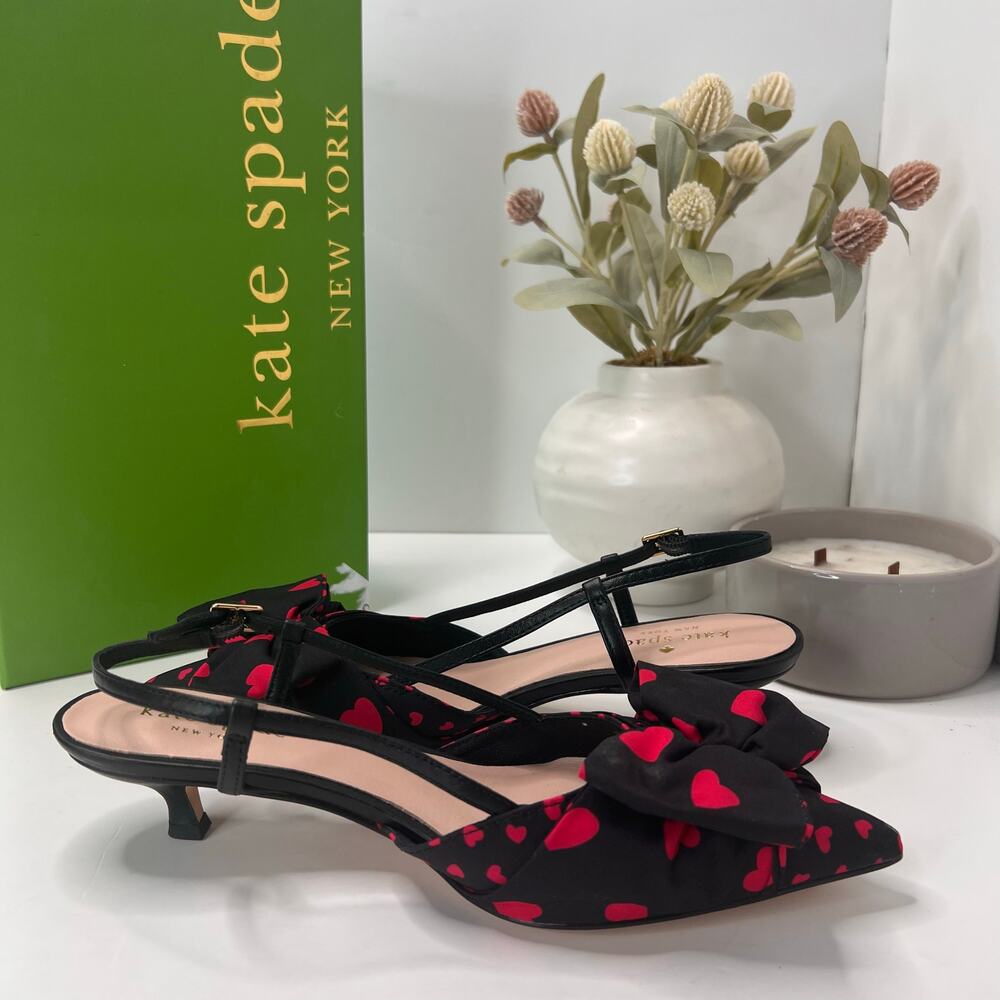 Kate Spade Daxton Heart Kitten Heel Slingback Black/Red Women 6.5M Valentine - Picture 7 of 11